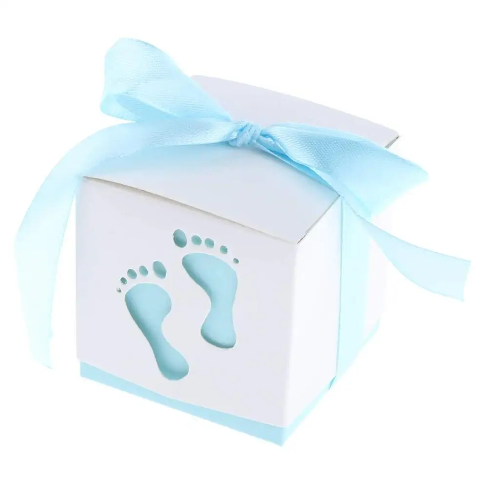 

50pcs Baby Footprints Paper Candy Box with Ribbon Birthday Party Decoration Baby Shower Wedding Favors Packaging Gift Boxes