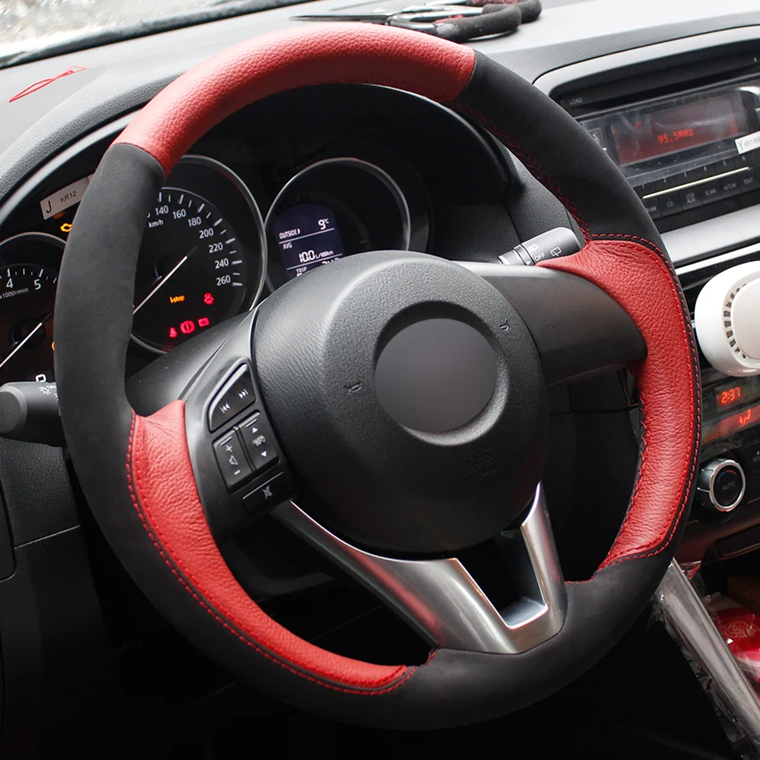 Чехол на руль автомобиля из красной натуральной кожи и черной замши для Mazda 3 Axela 6