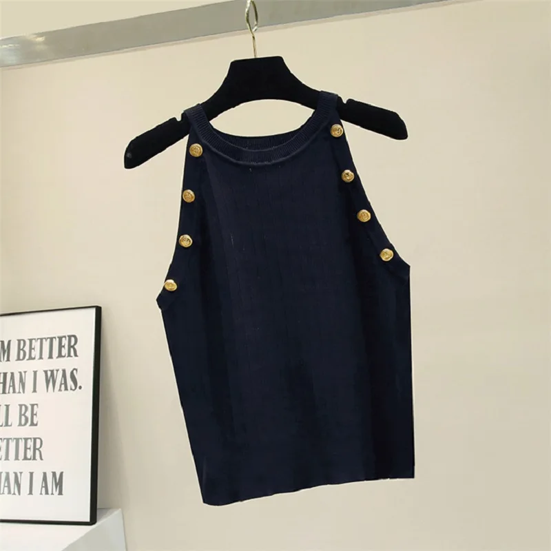 CBAFU summer knitting sleeve vest women tops gold button o neck elastic sweater black white women pullovers knitted tops P072