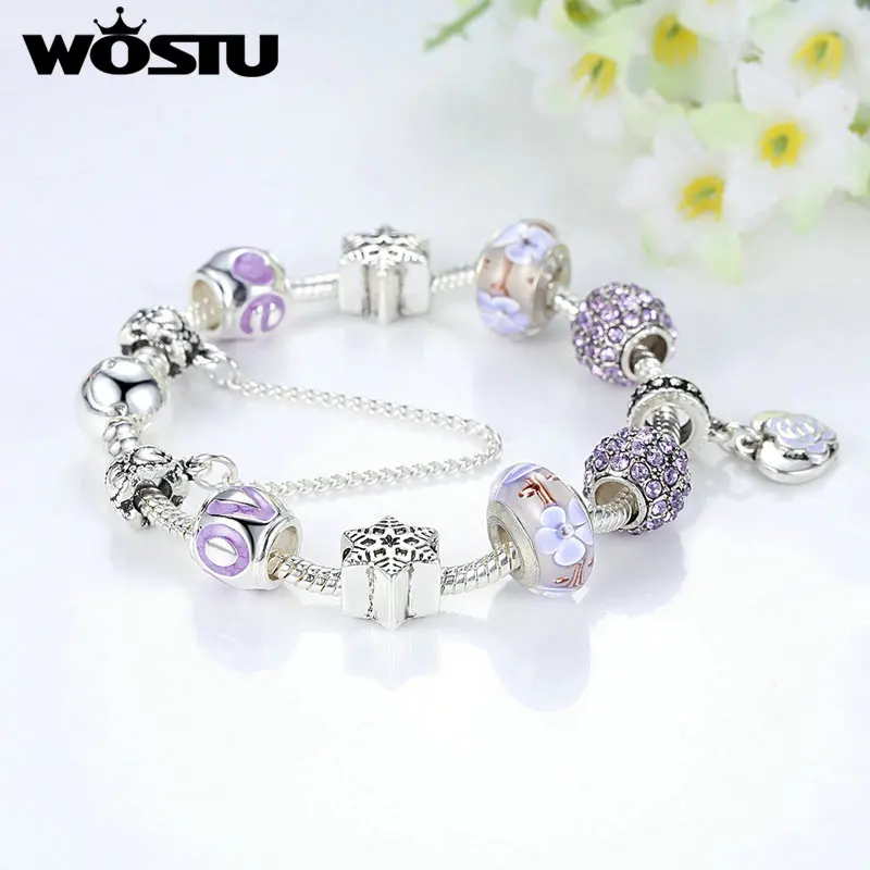 WOSTU новый модный Серебряный Фиолетовый гламурный браслет для женщин хорошее