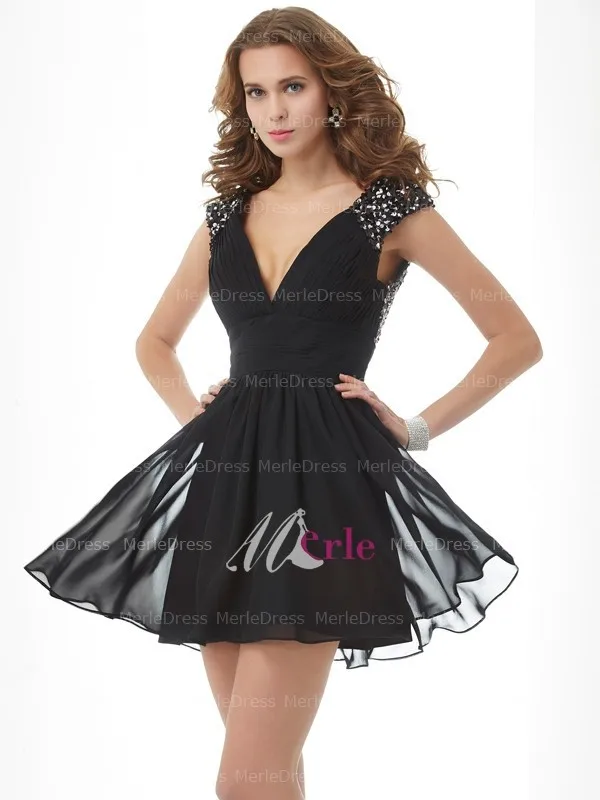 Мода 2015 A line v образным вырезом без рукавов бисероплетение короткие / мини шифон