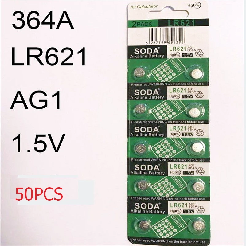 50 шт./лот = 5 карт AG1 LR621W 364A SR621SW 1 V батарея для часов щелочные кнопки батареи монет