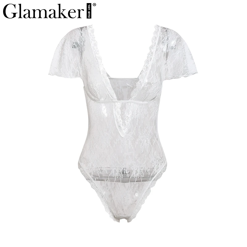 Glamaker с оборками, Сексуальное Белое Кружевное боди, Женский Игровой костюм с коротким рукавом, комбинезоны, женские вечерние прозрачное боди, Летний комбинезон