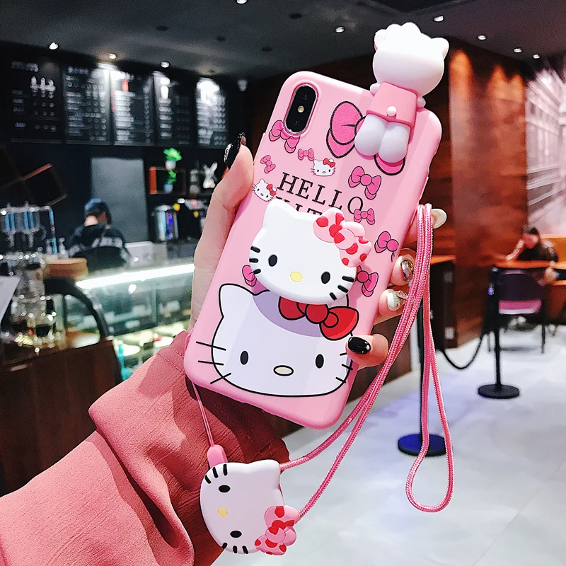 3D чехол KT cat для iphone XS MAX, лежащий чехол для iphone 7/8 plus, мягкий чехол KT для iphone 6 6s plus X XR+ держатель, длинный ремешок - Цвет: Pink