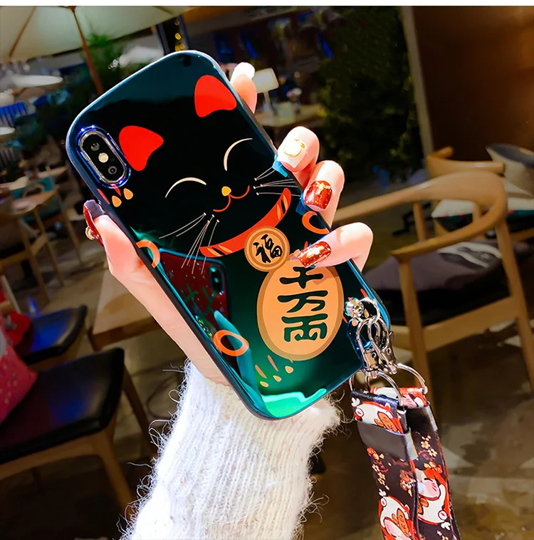 For iphone 11 Pro Fortune Cat Shield Case Lucky Soft cover XS max X XR 6 6s 6sp 7 8 plus Maneki Neko +straps |
