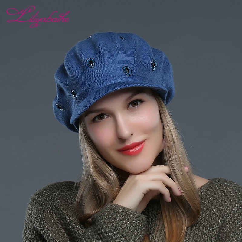 Liliyabaihe Для женщин Шапка Вязаная Шерсть ангорских Hat Зимняя шапка полями декорированы искусственным Cap Девушка Hat