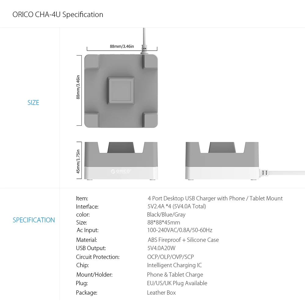 ORICO 4 USB порта настольное зарядное устройство 20 Вт 2.4A Макс адаптер с держателем