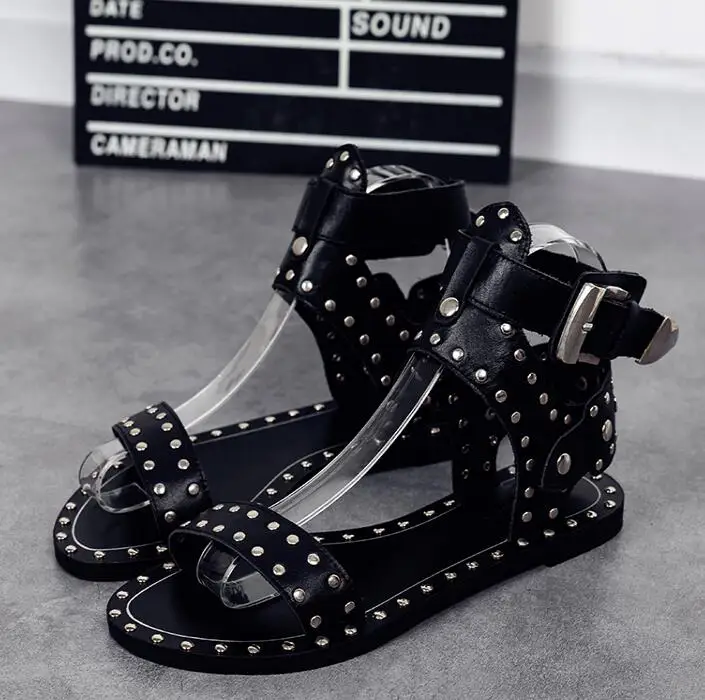 Cheap Black Flats Casual Street Style Buckle Strap Gladiator Sandals Stud Rivets Open Toe Women Rome size 43 | Обувь