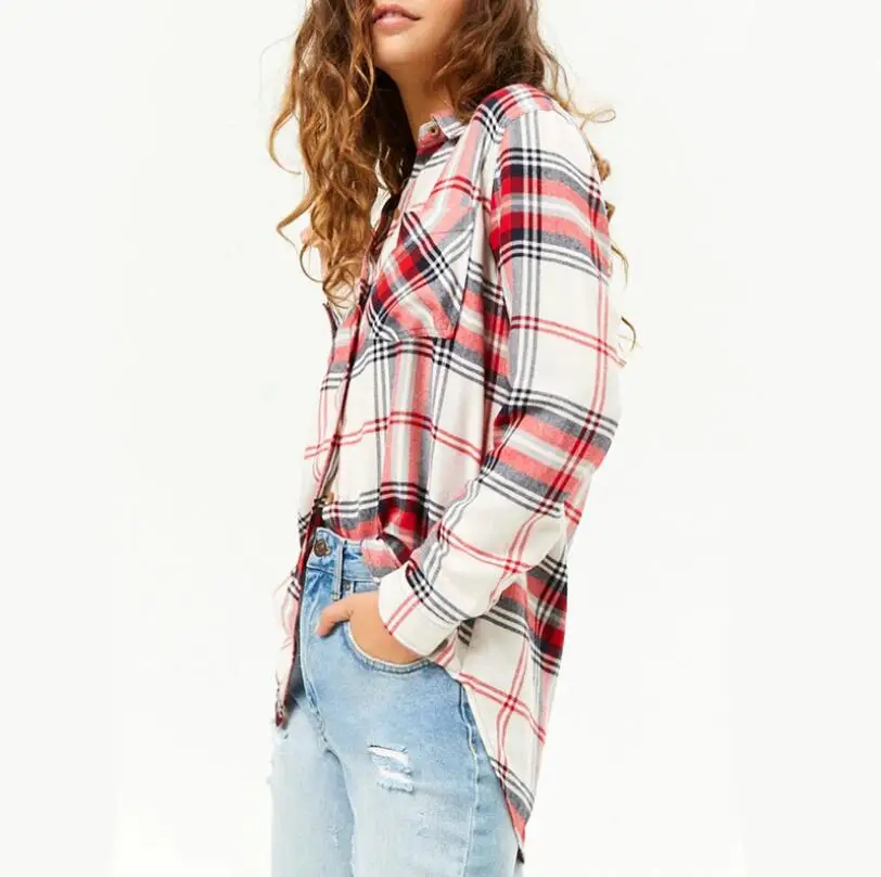 Блузка женская клетчатая с воротником-стойкой и длинным рукавом | Женская одежда