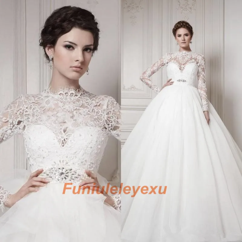

White Ball Gown Wedding Dress With Long Sleeves High Neck Floor length Beading Lace Tulle Crystal Beaded Bridal Gown