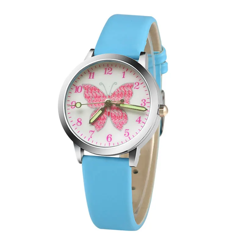 

2018 top fashion brand pink butterfly cartoon children quartz watch children ladies leather crystal boy clock gift student sport