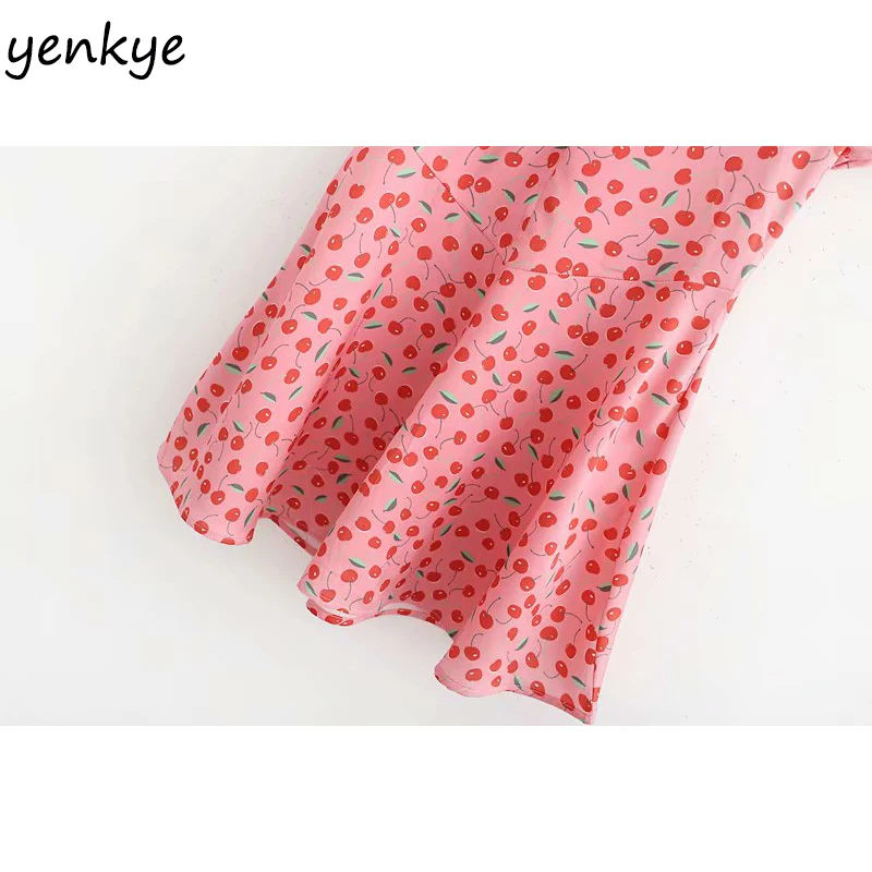 Женское Вишневое платье с принтом Femme V Шея коротким рукавом праздничное летнее