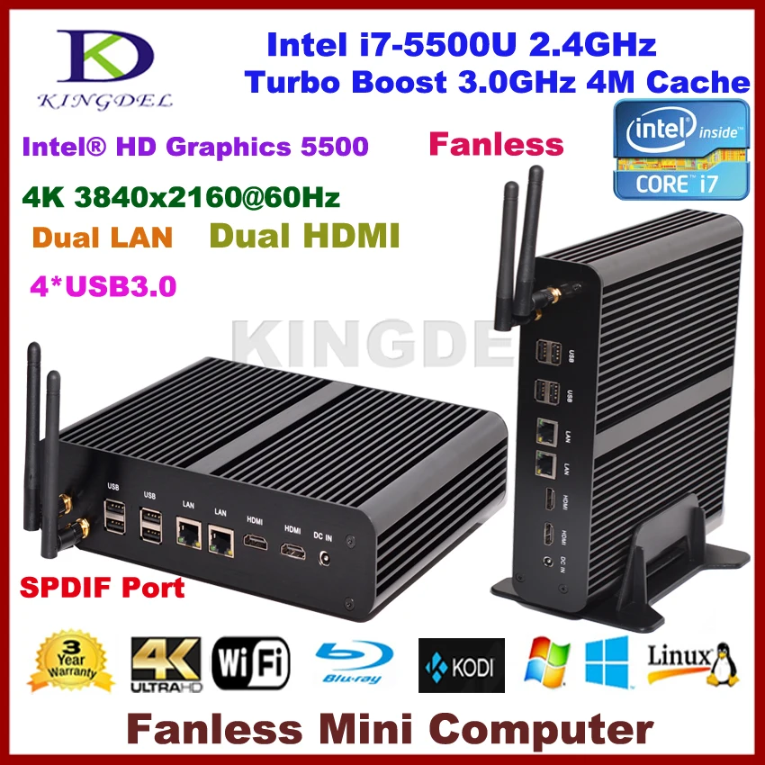 

KINGDEL Fanless HTPC Mini PC intel i7 5th Gen. CPU,16GB RAM+SSD, Ultra HD 4K 2*Gigabit LAN+2*HDMI+SPDIF+4*USB 3.0 Free Shipping