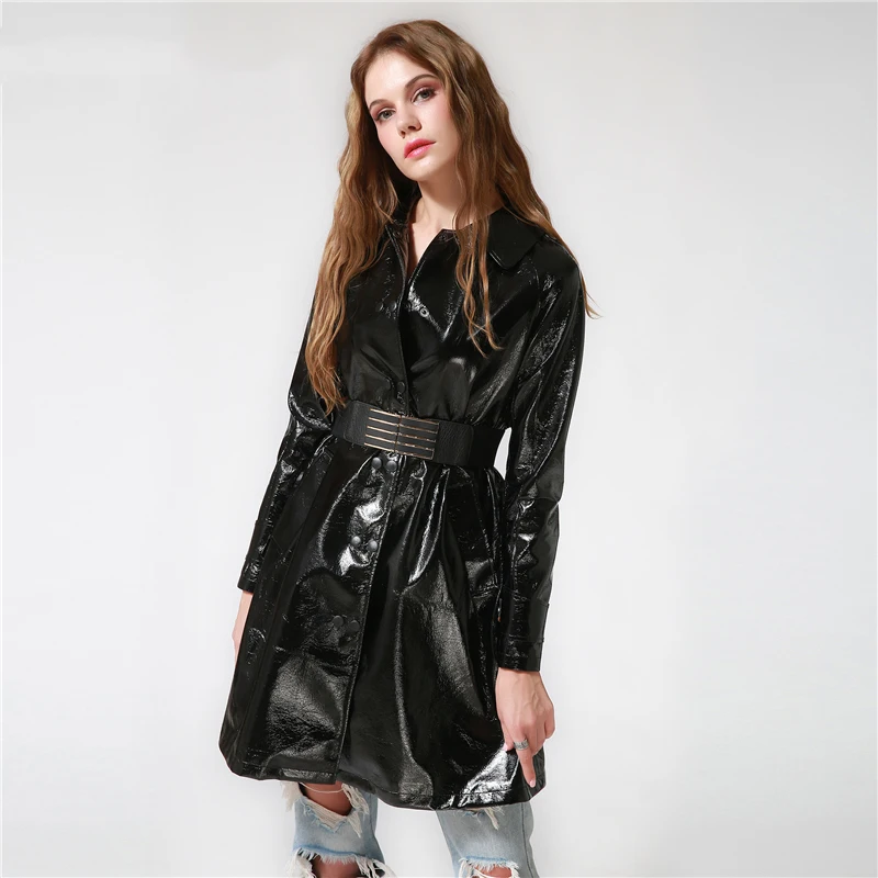 2017 Осень Зима Женский черный длинный искусственная кожа Тренч Тонкий отложной