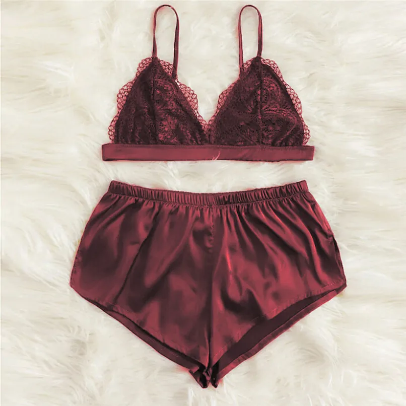 Wine Red Женские пижамные комплекты Сексуальная атласная Женская пижама с кружевом из кусков бандажный комплект для сна Нижнее белье комплекты нижнего белья женские летние пижамы одежда для сна#15 - Цвет: Wine Red