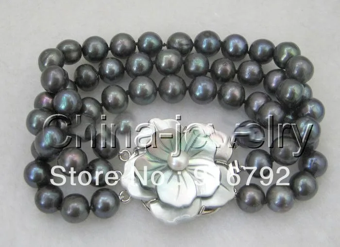

free P&P >>>>> Gorgeous 8" 3row 9mm black round freshwater pearl bracelet-shell clasp