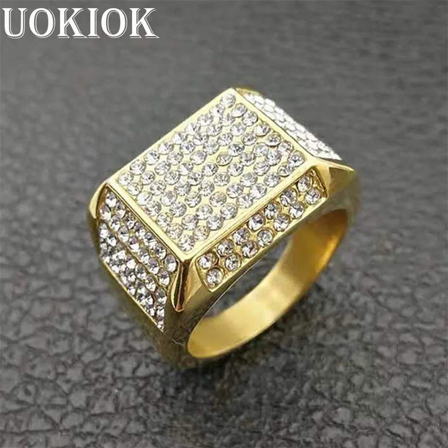 Хип хип микро проложить Стразы Iced Out Bling квадратное кольцо золотого цвета