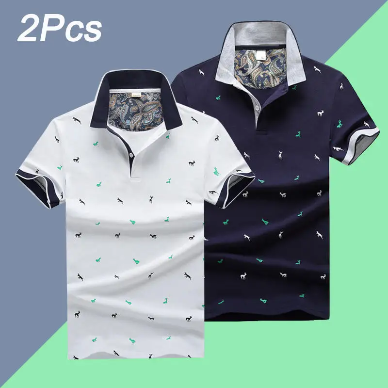 2PC-White-Navy-1613 3 шт./лот, мужская рубашка Поло, хлопок, в горошек, 4XL, с принтом оленя, летняя, короткая, тонкая, мужская, s, топ, футболки, модная, Muls, брендовая одежда - Цвет: 2PC-White-Navy-1613