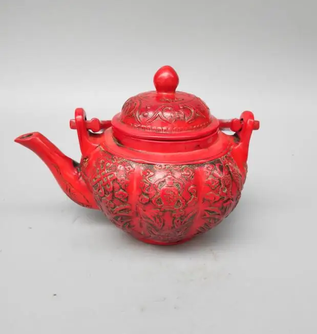 

China collectible imitation Resin pure hand-carved double fish China knot teapot crafts statue