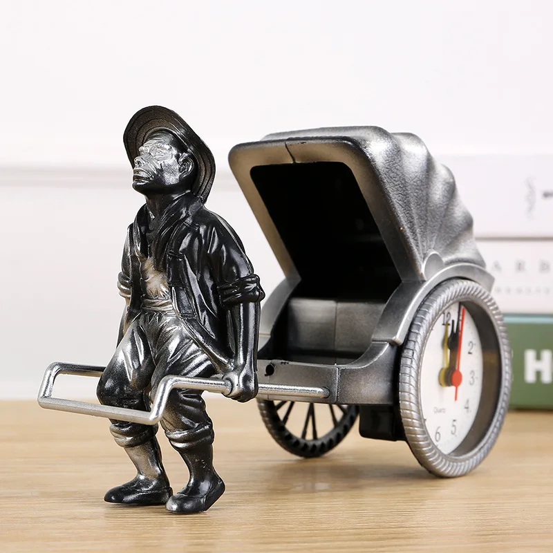 Creative ornaments retro man-pulled rickshaws clock Desktop bedside pointer type alarm plastic crafts for bedroom | Дом и сад
