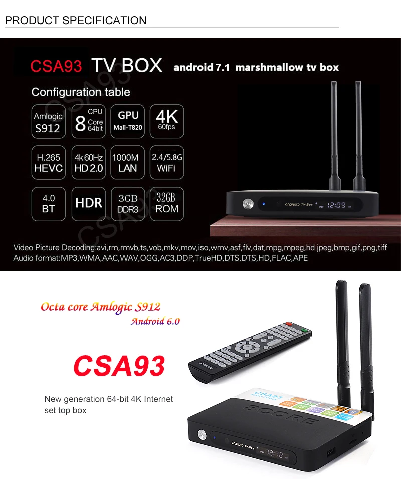 Amlogic S912 CSA93 Восьмиядерный Android 7,1 tv BOX 4k HD Smart 3 Гб ram 32 Гб Dual wifi BT4.0 H.265 4K smart медиаплеер DLAN