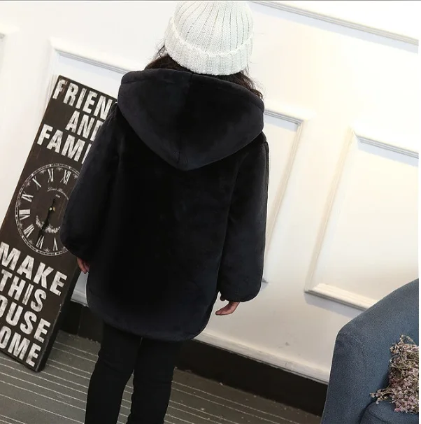 2019 Autumn Winter Warm Cotton Outerwear Teenage Kids Faux Fur Coat Casaco Inverno Hooded Zipper Black Overcoat XL429 | Детская одежда