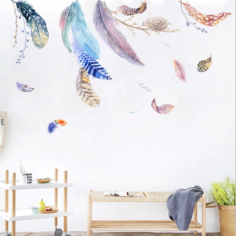 Цветная Наклейка на стену в современном стиле с перьями для гостиной дивана