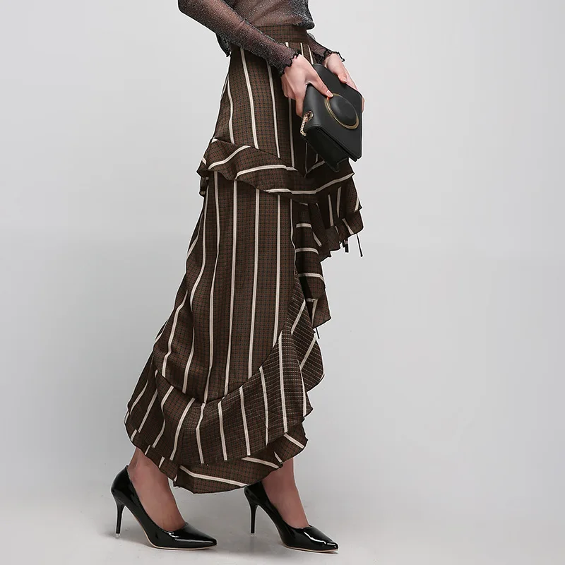 Cakucool Высокая Талия Юбки Полосатый Асимметричный Юбка Хаки Оборками Весна Лето