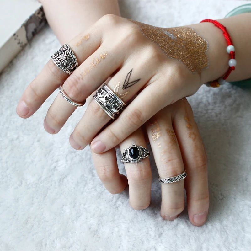 Retro Punk Leaf Bohemian Individuality Carving Pattern Ring Set Midi Rings for Women 6PCS/Set Black Stone Gift Jewelry | Украшения и