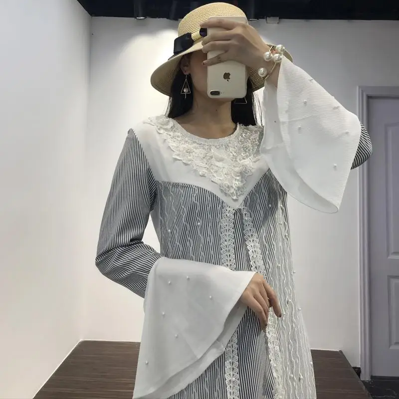 Мусульманское женское кружевное платье с длинным рукавом Дубай Абая джилбаб