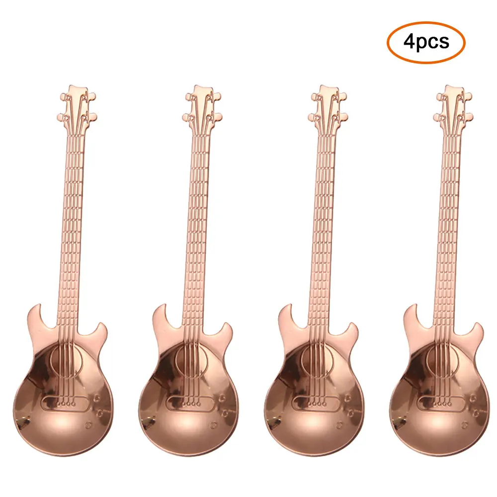 4pcs Rose gold 7 шт./4 шт. Гитарный комплект кофейных ложек из нержавеющей стали, десертная ложка для мороженого, чайные ложки, кофейные аксессуары, столовые приборы, питьевые инструменты - Цвет: 4pcs Rose gold