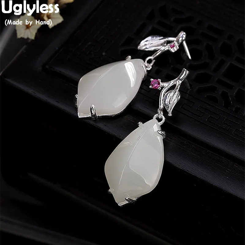 

Uglyless Luxury Gemstones Natural White Jade Leaf Earrings for Women Rhombus Fine Jewelry 100% Solid 925 Silver Leaves Earrings