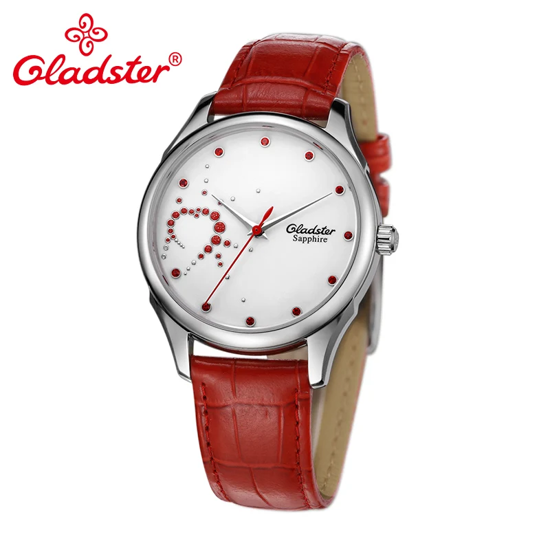 Женские наручные часы Gladster красные черные кожаные кварцевые с сапфировым