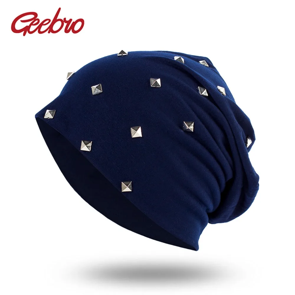 

Geebro Knitted Female hat with Silver Rivets Skullies Beanies Hats for Women gorras Women's Punk Bonnet beanie hats for girls