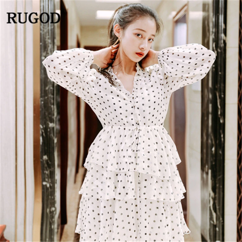 RUGOD 2019 новое платье в горошек с каскадными оборками женское сексуальное v