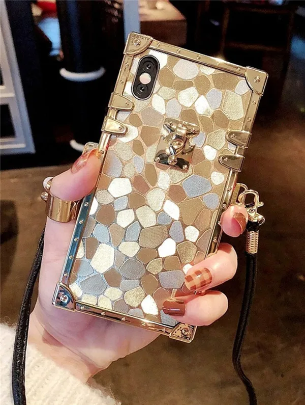 phone bag case Чехол для iphone X, XR, XS MAX, 8, 7, 6 S, 6 Plus, чехол, роскошное покрытие, золотой узор, с плечевым ремнем, мягкий силиконовый чехол, Fundas - Цвет: phone bag case
