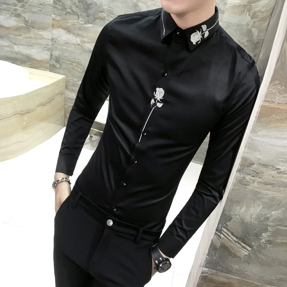 

High Quality Shirt Men Brand New Slim Fit Embroidery Mens Casual Shirts Streetwear Long Sleeve Men Shirt Night Club Party Tuxedo
