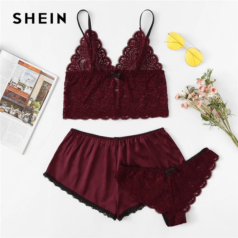 SHEIN Комплект Белья С Фестончатым Краем И Атласные Шорты Женский Сексуальный Комплект Пижамы из 3 предметов