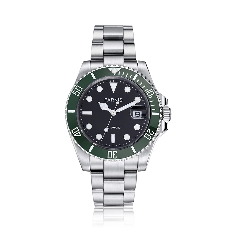 green black steel Parnis механические автоматические часы мужские стальные часы 40 мм керамические дайвинг 100 м mekanik erkek kol saati reloj automatico - Цвет: green black steel
