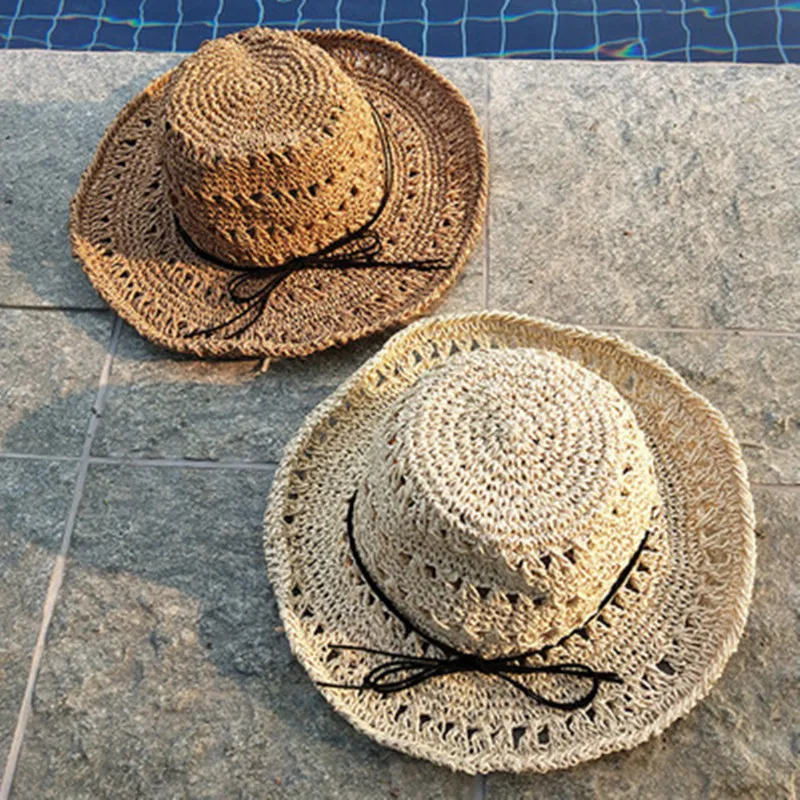 Ручная вязаная соломенная шляпа крючком полый складной солнцезащитный козырек
