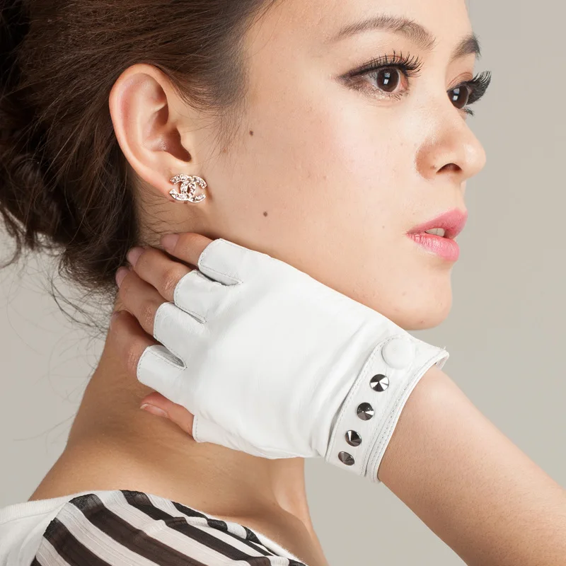 Тонкие кожаные перчатки с полупальцами женские из овчины для вождения