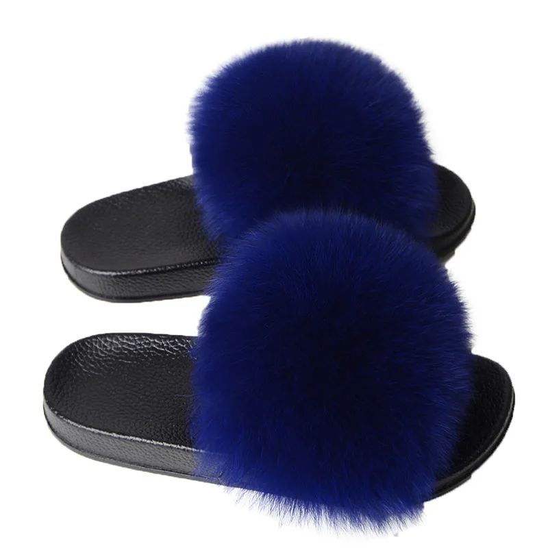 Женские шлепанцы из натурального Лисьего меха летние на плоской подошве высокое