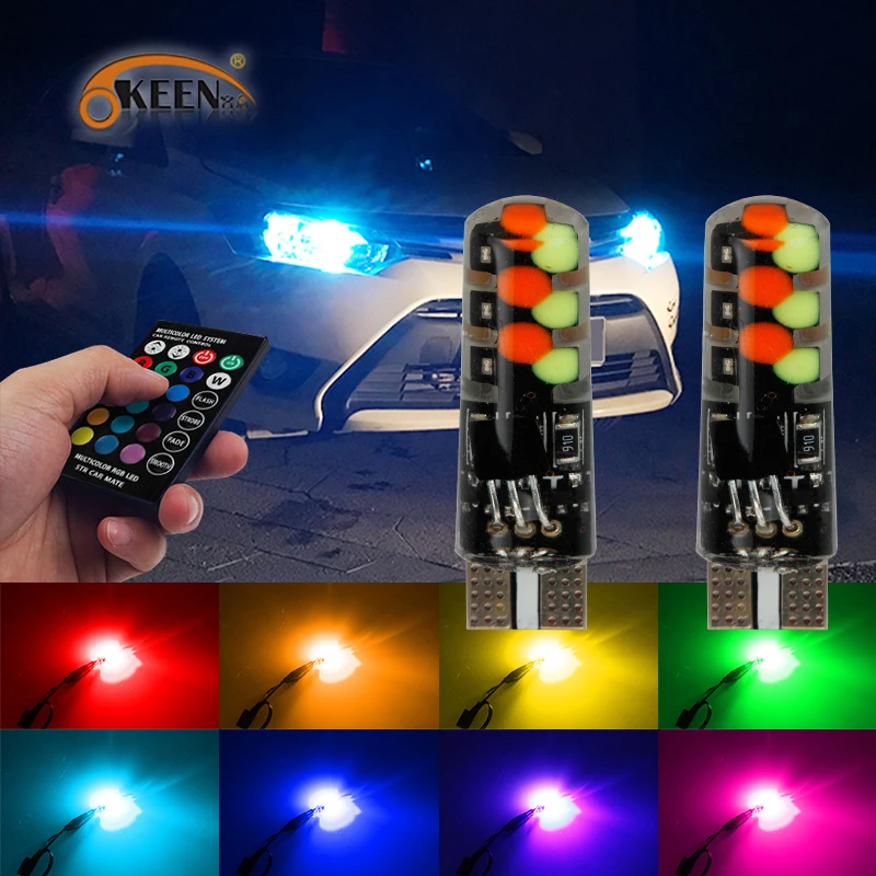 OKEENN 2 шт. T10 w5w 12SMD RGB светодиодный ные Лампы Canbus для автомобиля с радиочастотным