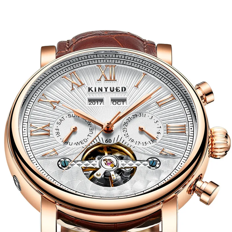 KINYUED Tourbillon Watch Men Perpetual Calendar Skeleton Mens Automatic Mechanical Watches Multifuntional Relogio Masculino | Наручные
