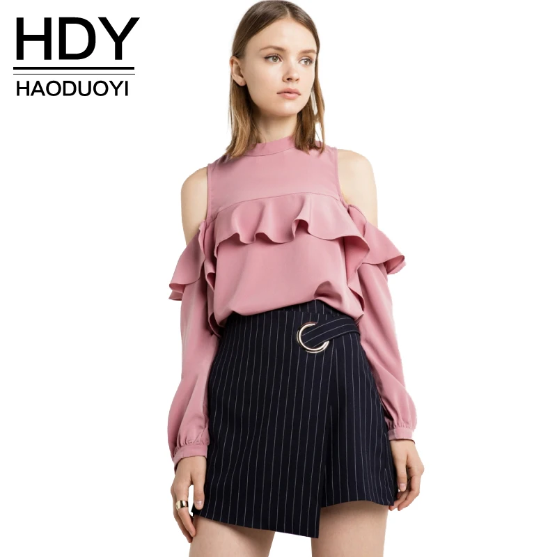 HDY Haoduoyi Women Cold Shoulder Ruffle Frill Top Dusty Pink Long Sleeve Shirt Fashion Sweet Blouse Ladies Shirts Blouses Tops | Женская