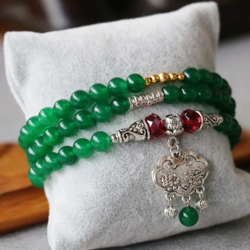 Женский многослойный браслет из халцедона с подвеской-замком 6 мм | Украшения и