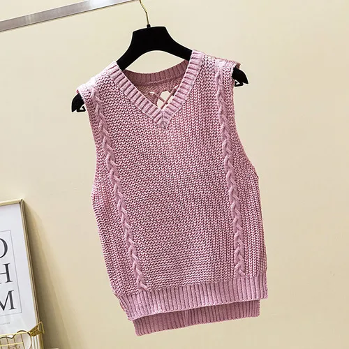 Pink Модный весенний шикарный вязаный жилет, женский свитер в консервативном стиле, v-образный вырез, без рукавов, на спине, пуловеры, студенческий однотонный топ - Цвет: Pink
