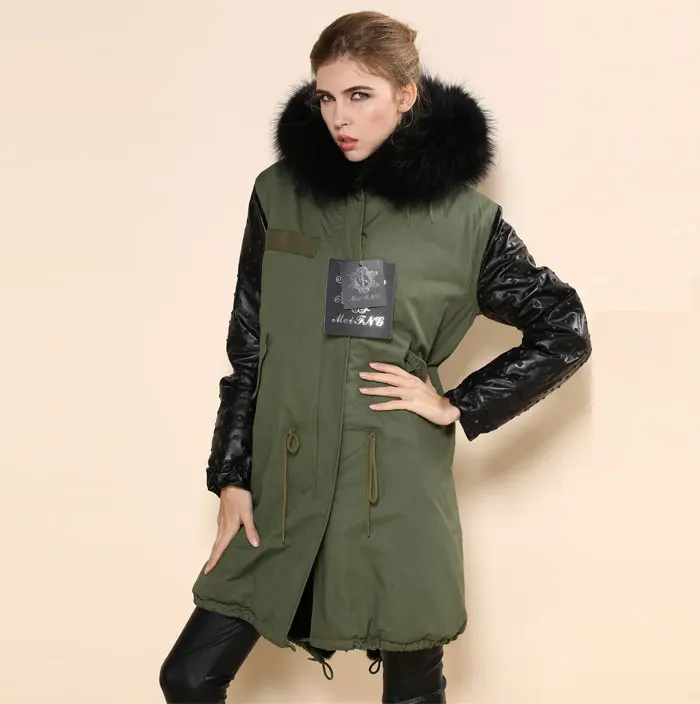 Модные зимние теплые меховые пальто с кожаным рукавом армейского зеленого цвета
