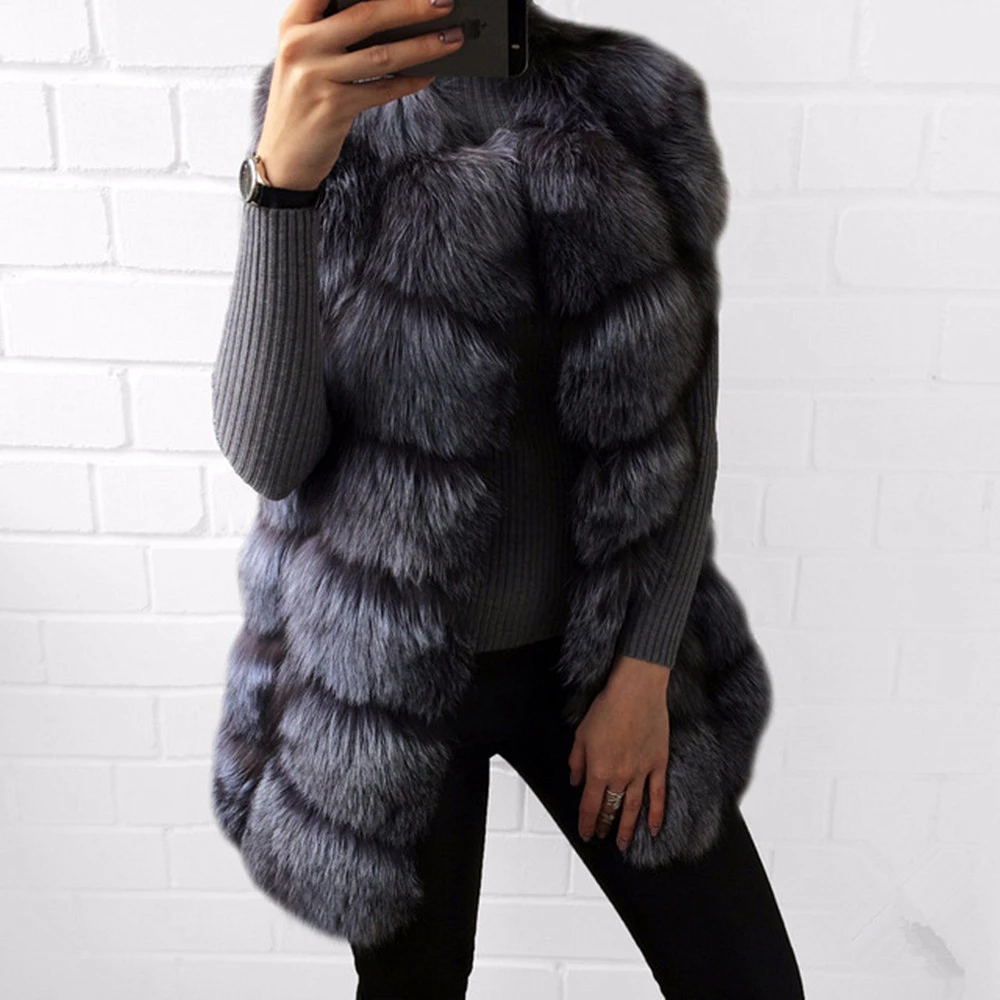 TOPFUR New Fashion Real Fox Fur Coat Women Winter Gray Vest Women Medium Long Solid Clothes Women Slim Vest Natural Fox Fur
