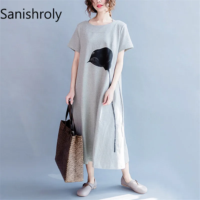 Sanishroly 2018 летнее женское платье футболка повседневные свободные платья с принтом